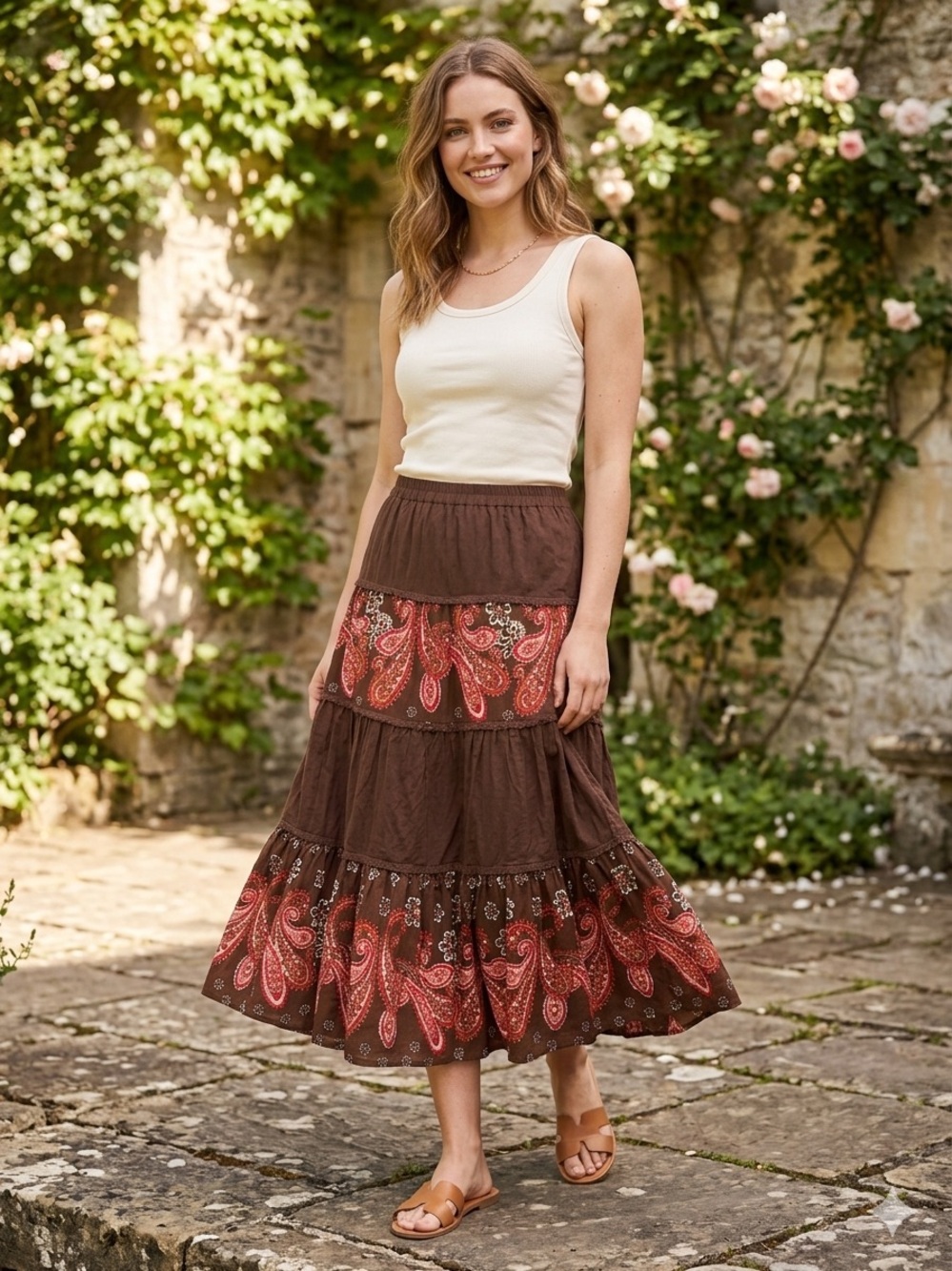 VTG Y2K Uniform John Paul Richard Paisley Tiered Boho Peasant Midi Skirt XL